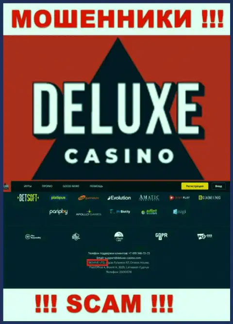 Данные об юридическом лице Deluxe-Casino Com на их официальном онлайн-ресурсе имеются - это BOVIVE LTD