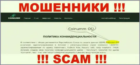 Юридическое лицо мошенников Коинумм - информация с сайта махинаторов