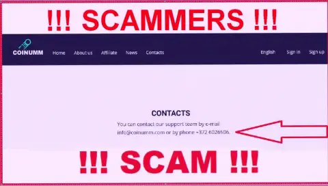 Coinumm phone number is listed on the scammers web-site