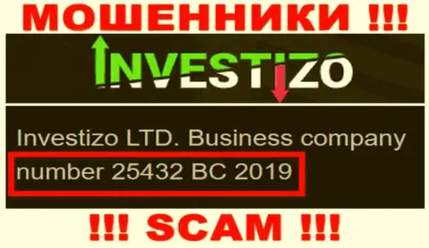 Инвестицо Лтд internet жуликов Investizo зарегистрировано под этим регистрационным номером - 25432 BC 2019