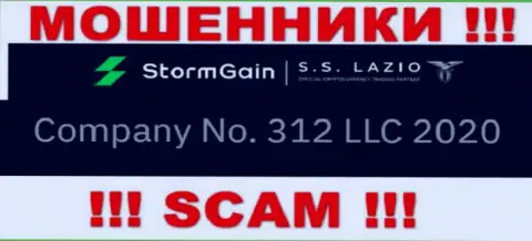 Регистрационный номер StormGain, который взят с их официального веб-сайта - 312 LLC 2020