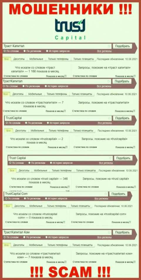 Статистические сведения онлайн-запросов по мошенникам Траст Капитал в поисковиках инета