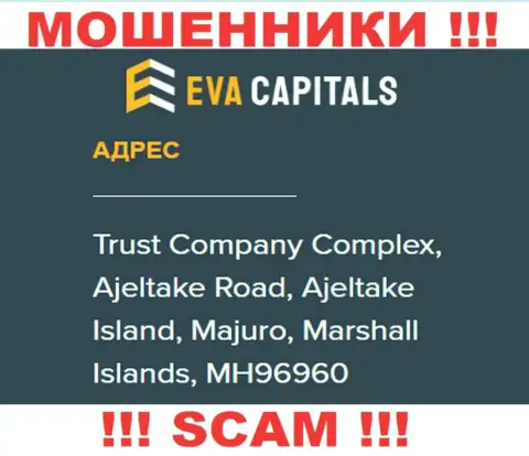 На web-сервисе Eva Capitals указан офшорный адрес организации - Trust Company Complex, Ajeltake Road, Ajeltake Island, Majuro, Marshall Islands, MH96960, будьте крайне осторожны это мошенники