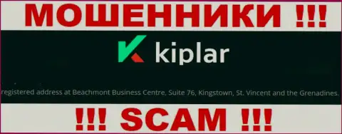 Юридический адрес регистрации мошенников Kiplar в офшоре - Beachmont Business Centre, Suite 76, Kingstown, St. Vincent and the Grenadines, данная информация предоставлена на их официальном веб-ресурсе