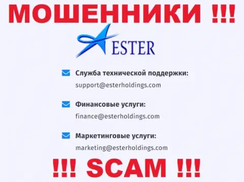 В разделе контактные данные, на официальном web-ресурсе мошенников Ester Holdings, найден представленный адрес электронного ящика