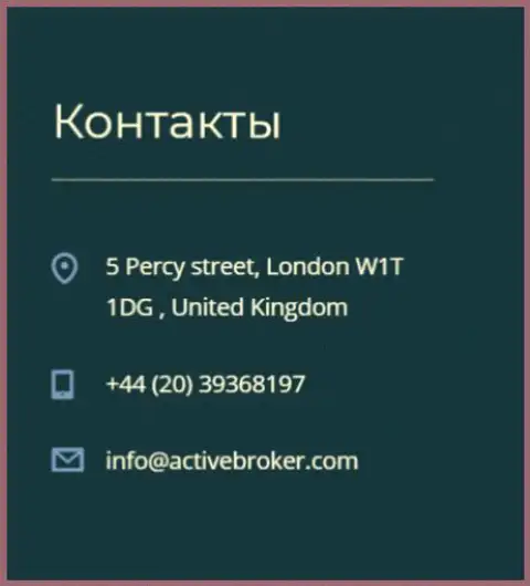 Адрес центрального офиса ФОРЕКС конторы Актив Брокер, размещенный на официальном веб-портале указанного брокера